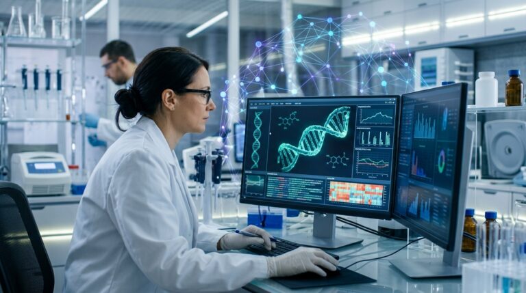 واجهة حاسوب تعرض بيانات جينومية معقدة ورموز كيميائية، مع أيقونة تمثل الذكاء الاصطناعي في الخلفية، تعكس تطوير GPT-Rosalind في العلوم الحيوية.