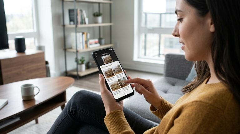 واجهة بحث جوجل تعرض تطبيقات الذكاء الاصطناعي في البحث عن قطع مستعملة أو نادرة، مع أيقونات بصرية ونتائج بحث ملونة.
