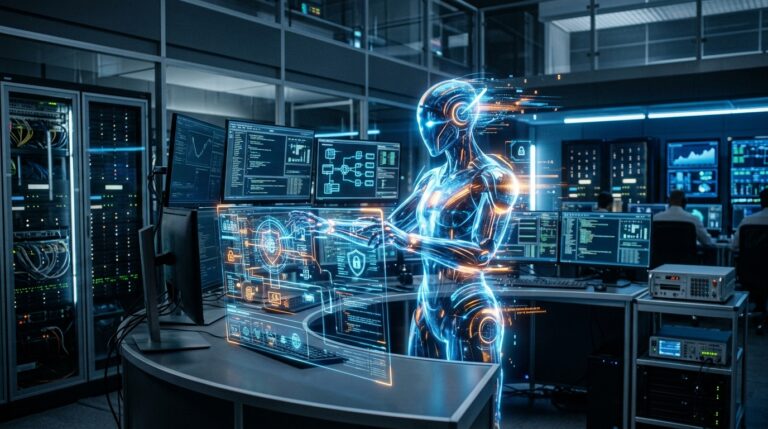 روبوت ذكاء اصطناعي يتفاعل مع أدوات مختلفة في بيئة رقمية معقدة، يرمز إلى التحقق الرسمي لوكلاء الذكاء الاصطناعي.